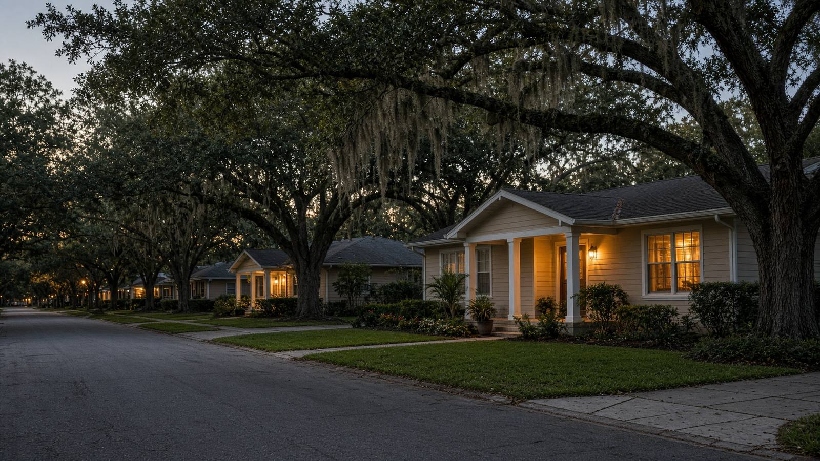 A quiet Gulf Coast residential street at dusk, porch lights on under live oaks.