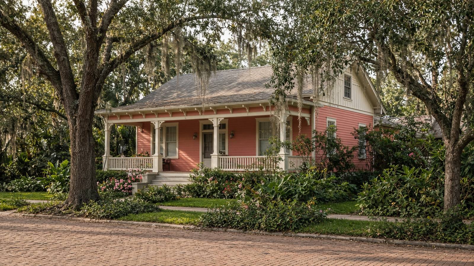 A pastel bungalow with a deep porch in St. Petersburg.